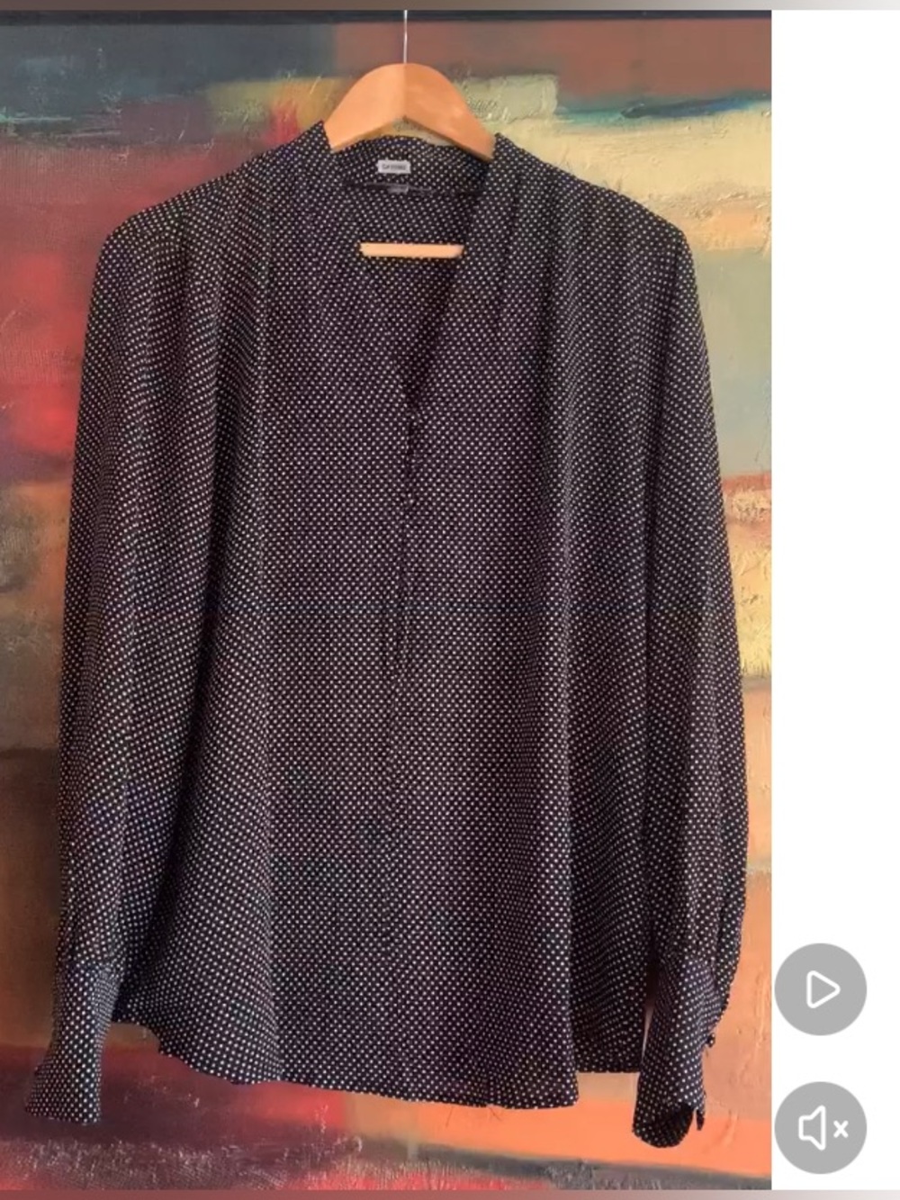 Adrianna Papell Black Polka Dot V-Neck Blouse, Sz L